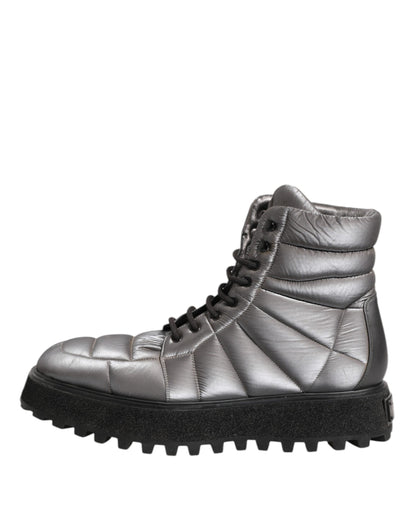 Dolce & Gabbana Silberne gepolsterte Mid Calf Lace Up Stiefel Schuhe