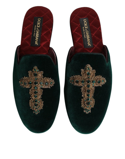 Dolce & Gabbana Grüner Samt Kreuz verschönert Pantoffeln Schuhe