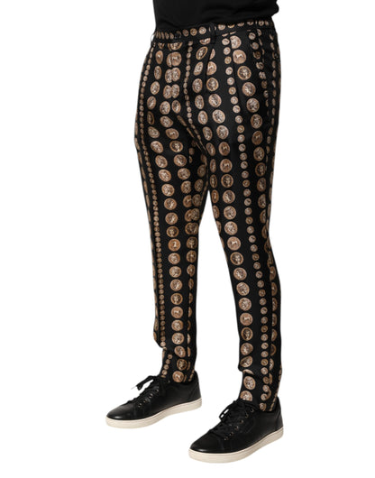 Dolce & Gabbana Schwarzer Münzdruck Seide Skinny Männer Hosen Hose