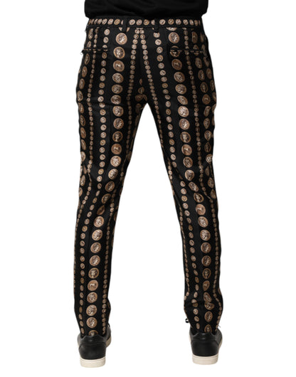 Dolce & Gabbana Schwarzer Münzdruck Seide Skinny Männer Hosen Hose