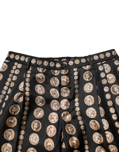 Dolce & Gabbana Schwarzer Münzdruck Seide Skinny Männer Hosen Hose