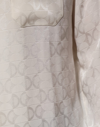 Dolce & Gabbana Weißes Seidenhemd mit DG-Logo-Druck und langen Ärmeln