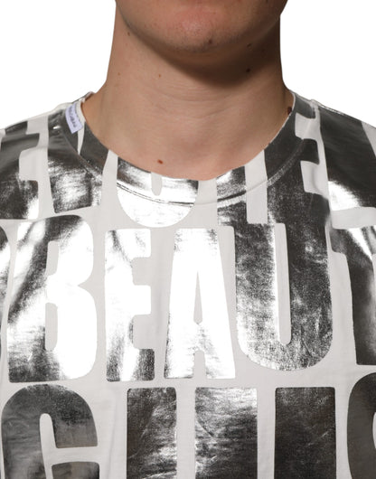 Dolce & Gabbana Weißes Baumwoll-T-Shirt mit silbernem Metallic-Slogan-Aufdruck