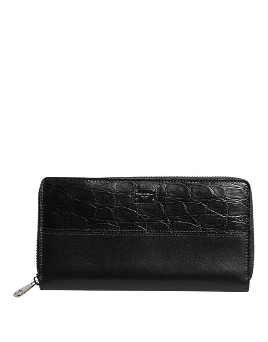 Dolce & Gabbana Schwarzes Leder DG Plaque Zip um Continental Brieftasche
