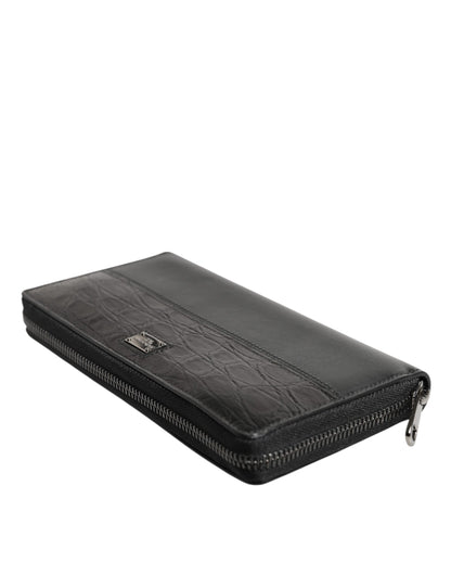 Dolce & Gabbana Schwarzes Leder DG Plaque Zip um Continental Brieftasche