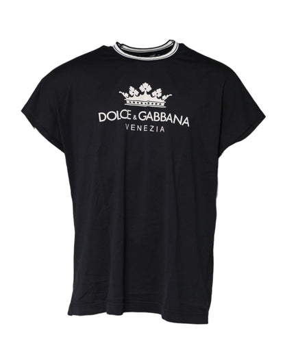 Dolce & Gabbana Dunkelblaues Venezia Crown Baumwoll-T-Shirt mit Rundhalsausschnitt