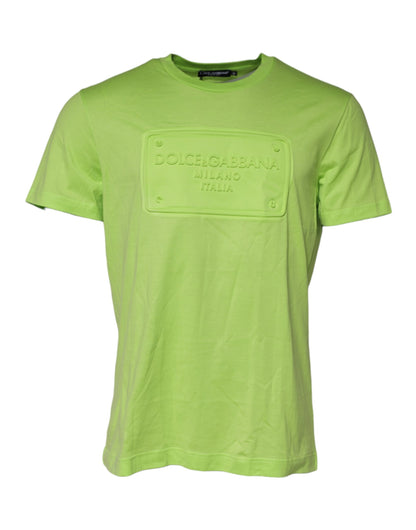 Dolce & Gabbana Grünes T-Shirt mit geprägtem Logo und Rundhalsausschnitt aus Baumwolle
