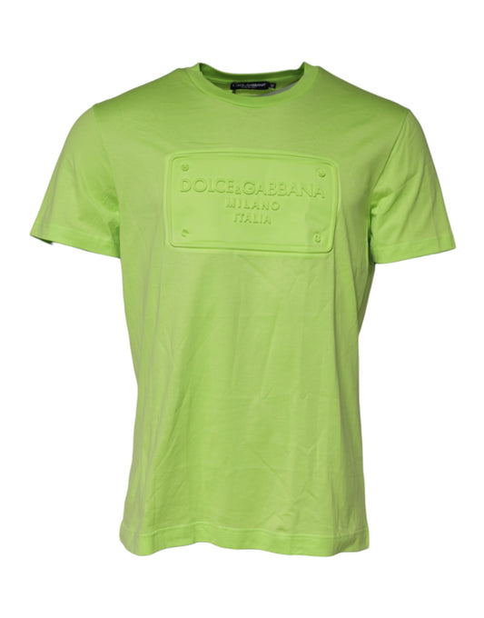 Dolce & Gabbana Grünes T-Shirt mit geprägtem Logo und Rundhalsausschnitt aus Baumwolle