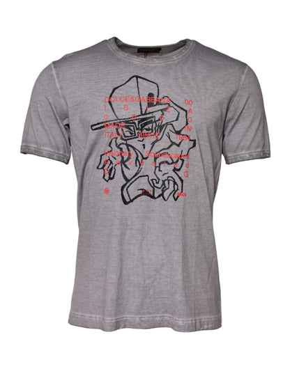 Dolce & Gabbana Graues T-Shirt mit Rundhalsausschnitt aus Baumwolle mit Grafikdruck