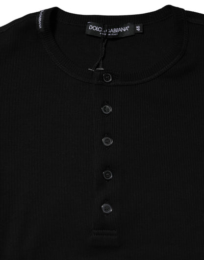 Dolce & Gabbana Schwarzes Baumwollstrick-T-Shirt mit Rundhalsausschnitt Henley