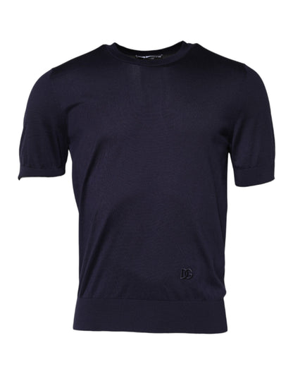 Dolce & Gabbana Dunkelblaues Seiden-T-Shirt mit Rundhalsausschnitt und kurzen Ärmeln