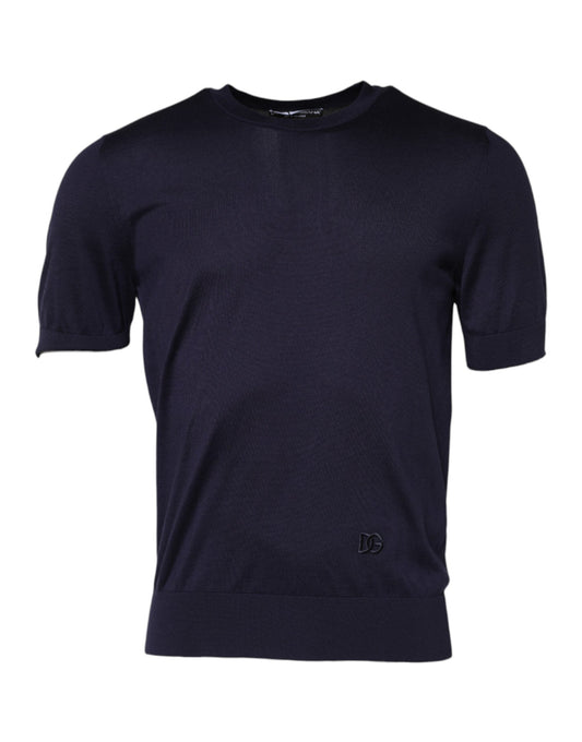 Dolce & Gabbana Dunkelblaues Seiden-T-Shirt mit Rundhalsausschnitt und kurzen Ärmeln