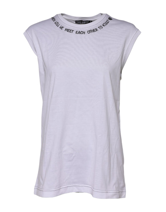 Dolce & Gabbana Weißes ärmelloses bedrucktes Tank-T-Shirt aus Baumwolle
