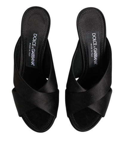 Dolce & Gabbana Schwarzes Logo KEIRA Satin Slides Sandalen Schuhe