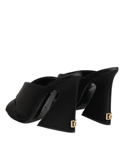 Dolce & Gabbana Schwarzes Logo KEIRA Satin Slides Sandalen Schuhe