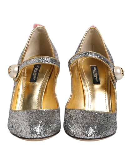 Dolce & Gabbana Silber Glitzer Nerz Pelz VALLY Pump Schuhe