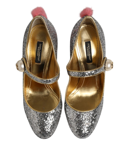 Dolce & Gabbana Silber Glitzer Nerz Pelz VALLY Pump Schuhe