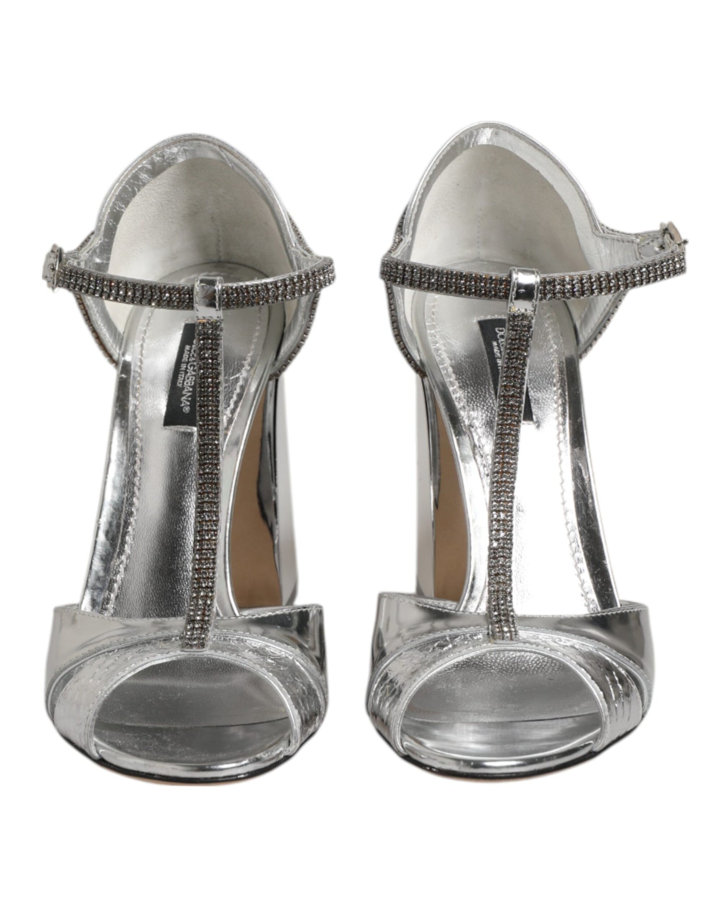 Dolce & Gabbana Silberne Leder T-strap Heels Sandalen Schuhe