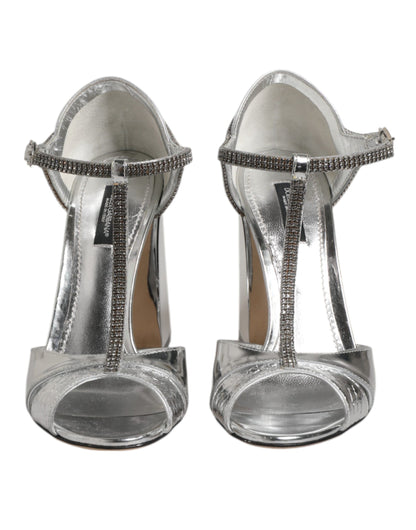 Dolce & Gabbana Silberne Leder T-strap Heels Sandalen Schuhe