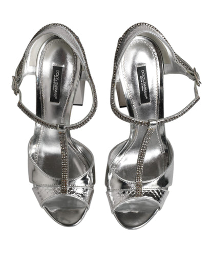 Dolce & Gabbana Silberne Leder T-strap Heels Sandalen Schuhe