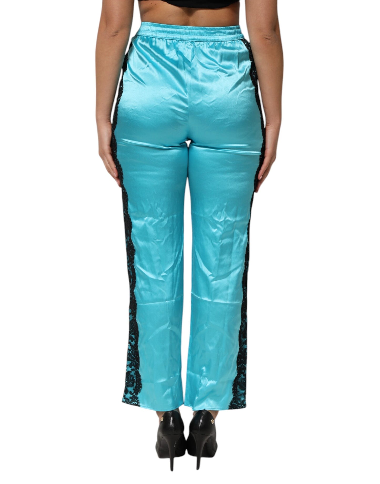 Dolce & Gabbana Blaue Seide Garterized Straight Damen Pyjamahose