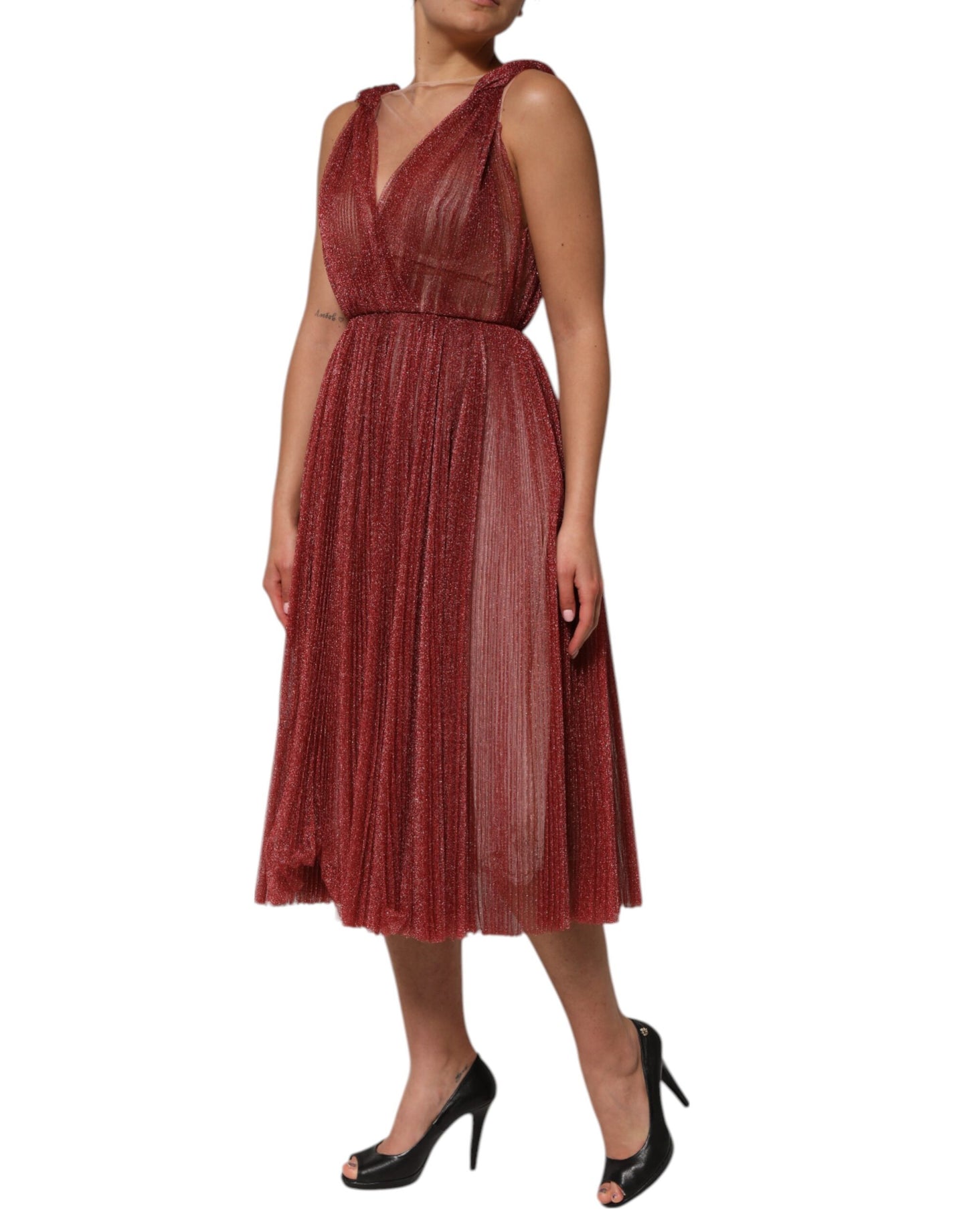 Dolce & Gabbana Burgunderfarbenes ärmelloses Midi-Kleid in A-Linie aus Mesh