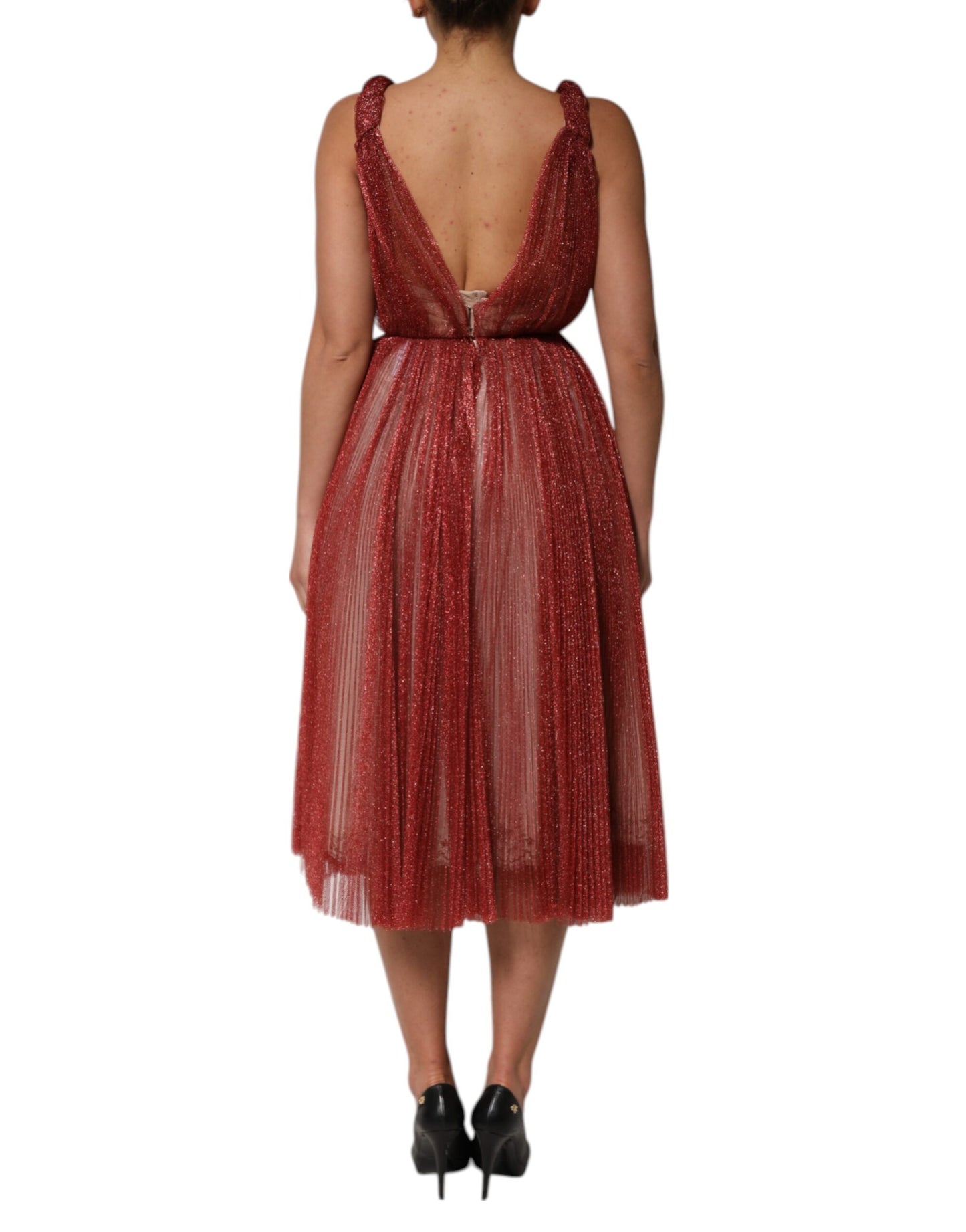 Dolce & Gabbana Burgunderfarbenes ärmelloses Midi-Kleid in A-Linie aus Mesh