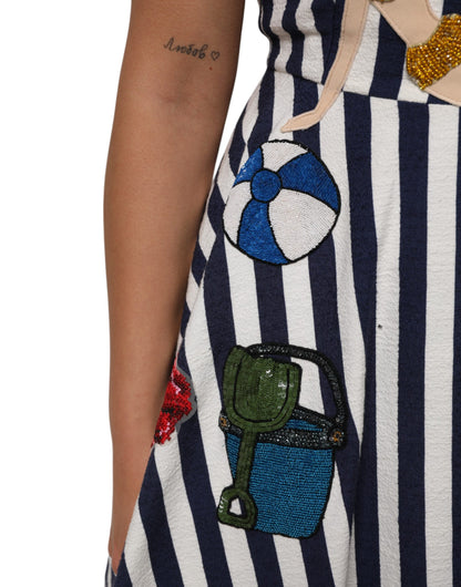 Dolce & Gabbana Blau-weiß gestreiftes, besticktes Kleid in A-Linie