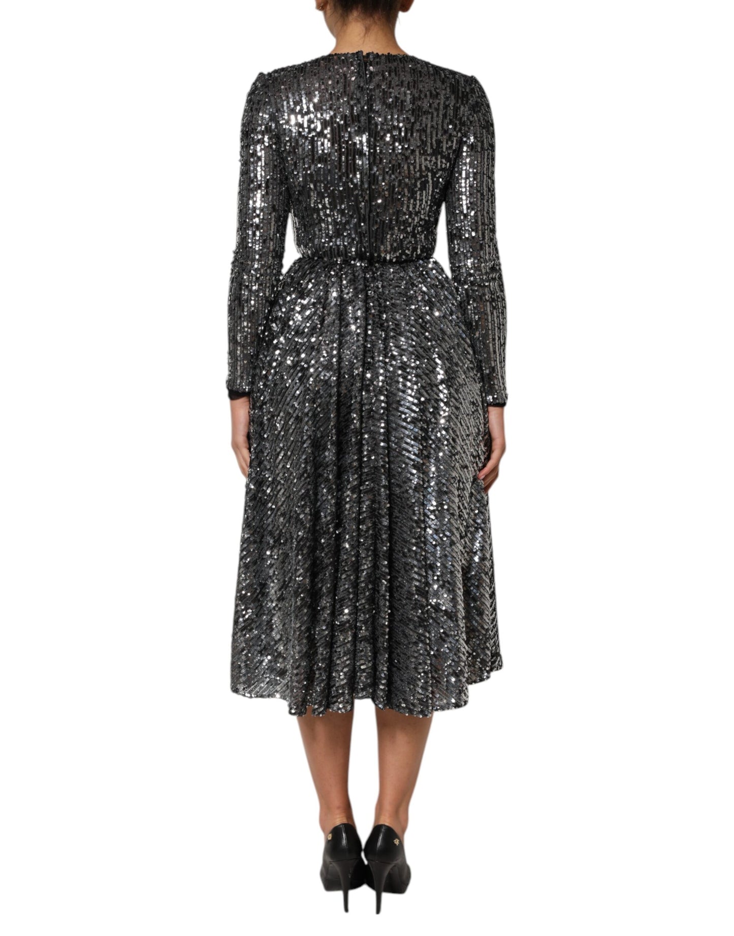 Dolce & Gabbana Schwarzes paillettenbesetztes Midi-Kleid mit langen Ärmeln und A-Linie
