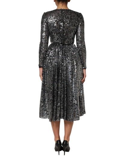 Dolce & Gabbana Schwarzes paillettenbesetztes Midi-Kleid mit langen Ärmeln und A-Linie