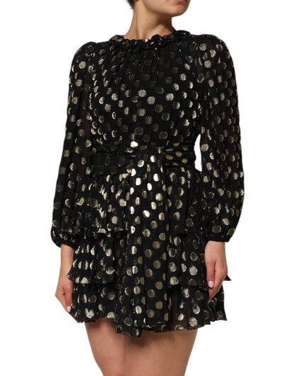 Dolce & Gabbana Schwarz-Gold gepunktetes Minikleid aus Seidenbrokat
