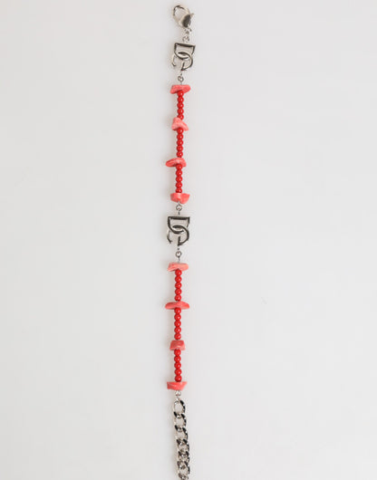 Dolce & Gabbana Silber-Ton Messing Perlen Harz DG Logo Kette Männer-Armband