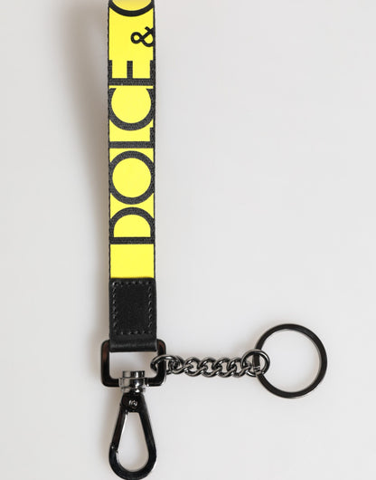 Dolce & Gabbana Gelbes Logo Nylon Silber Messing Halter Schlüsselanhänger Schlüsselring