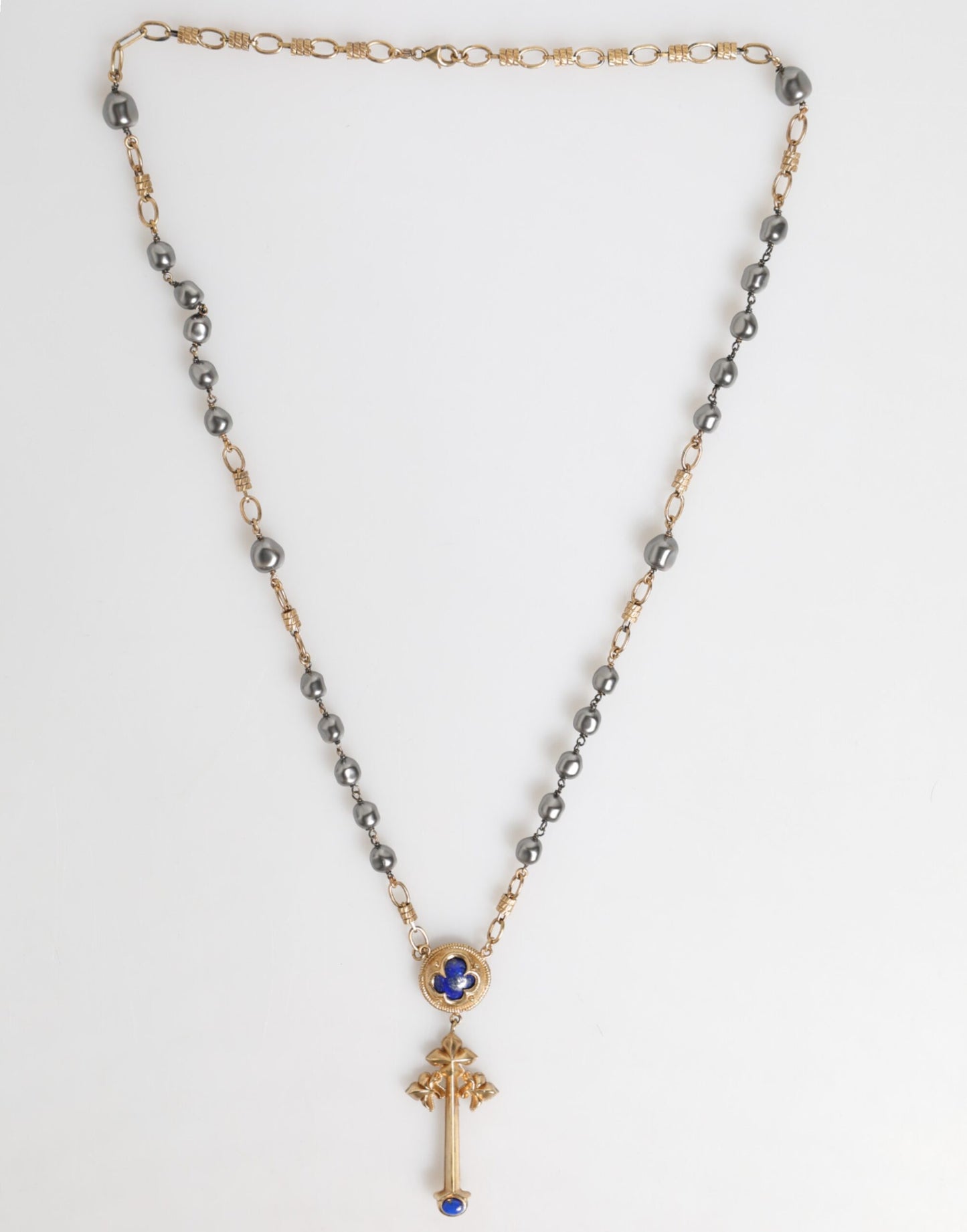 Dolce & Gabbana Goldton Perlenkette Religiöses Kreuz Halskette