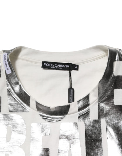Dolce & Gabbana Weißes T-Shirt mit Metallic-Druck aus Baumwolle mit Rundhalsausschnitt