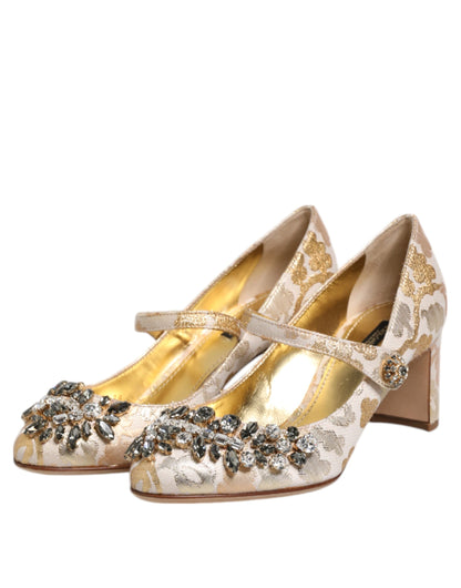 Dolce & Gabbana Gold Jacquard Kristall Mary Janes Pumps Schuhe