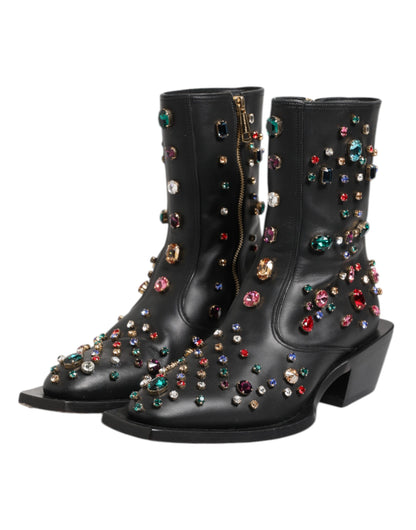 Dolce & Gabbana Schwarz Crystal Cowboy Leder Männer Stiefel Schuhe