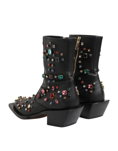 Dolce & Gabbana Schwarz Crystal Cowboy Leder Männer Stiefel Schuhe