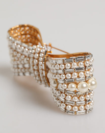 Dolce & Gabbana Gold-Ton Messing Bogen Kristall FauxPearl verschönert Brosche