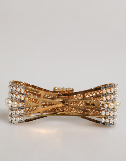 Dolce & Gabbana Gold-Ton Messing Bogen Kristall FauxPearl verschönert Brosche