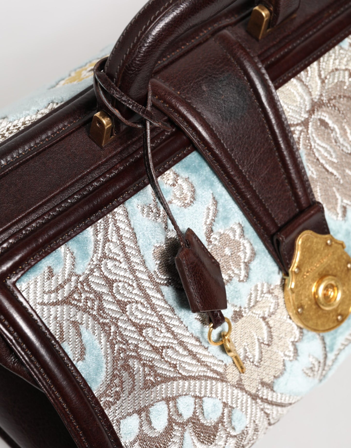 Dolce & Gabbana Blau Braun Leder Floral Jacquard Reisetasche Handtasche