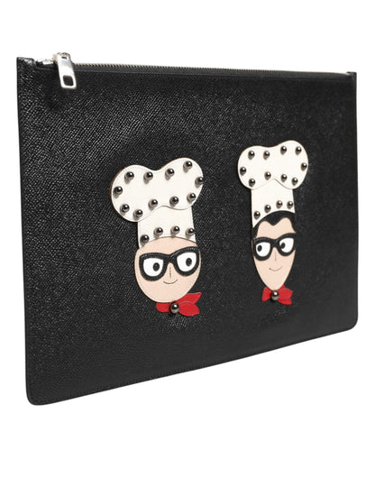 Dolce & Gabbana Schwarzes Leder #DGFAMILY Verschönerte Herren Clutch Pouch Tasche