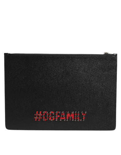 Dolce & Gabbana Schwarzes Leder #DGFAMILY Verschönerte Herren Clutch Pouch Tasche