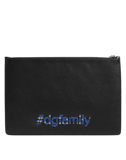 Dolce & Gabbana Schwarzes Leder #DGFAMILY Verschönerte Herren Clutch Pouch Tasche