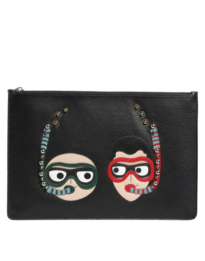 Dolce & Gabbana Schwarzes Leder #DGFAMILY Verschönerte Herren Clutch Pouch Tasche