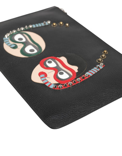 Dolce & Gabbana Schwarzes Leder #DGFAMILY Verschönerte Herren Clutch Pouch Tasche