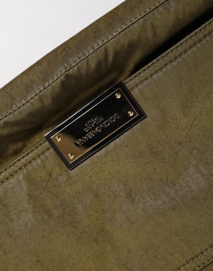 Dolce & Gabbana Dunkelgrünes Nylon Logo Plaque Schulterriemen Borse Tasche