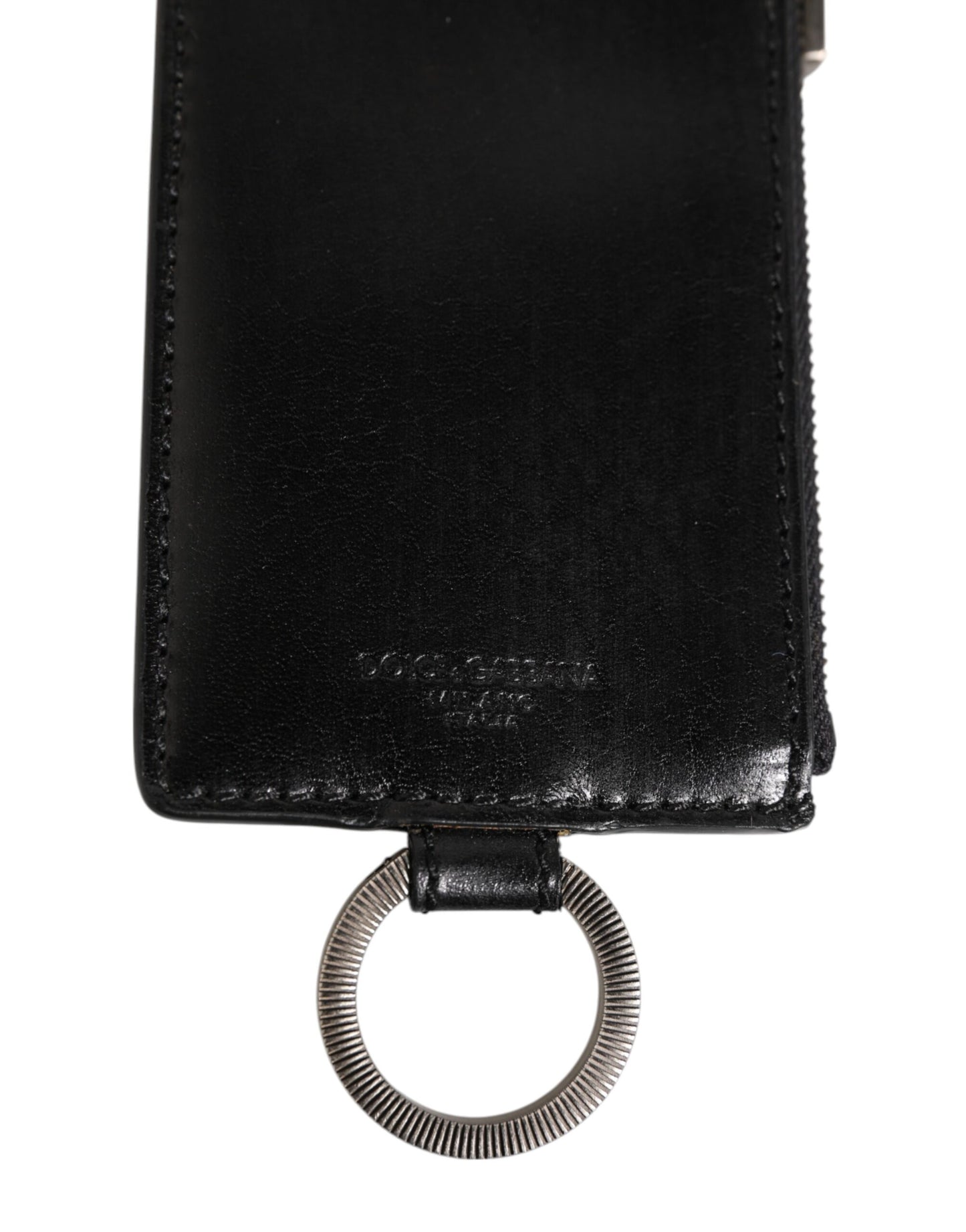 Dolce & Gabbana Schwarzes Leder mit Logo-Prägung Lanyard Kartenhalter Brieftasche