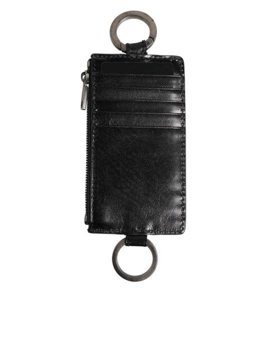 Dolce & Gabbana Schwarzes Leder mit Logo-Prägung Lanyard Kartenhalter Brieftasche