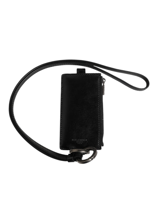 Dolce & Gabbana Schwarzes Leder mit Logo-Prägung Lanyard Kartenhalter Brieftasche